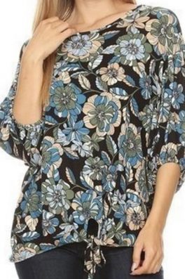 Navy Floral 3/4 Sleeve Top With Front Tie