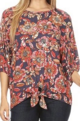 Pink Floral 3/4 Sleeve Top With Front Tie