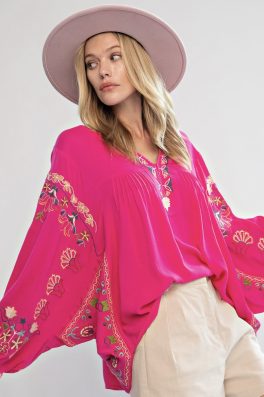 Hot Pink Embroidered Bohemian Top