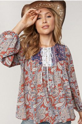 Red Blue Floral Boho Long Sleeve Top