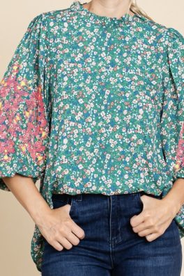 Green Floral Embroidered Sleeve Top