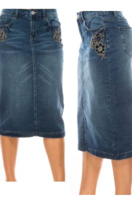 Embroidered Flower Stretch Denim Skirt