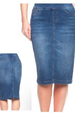 Washed Elastic Waist Stretch Denim Skirt