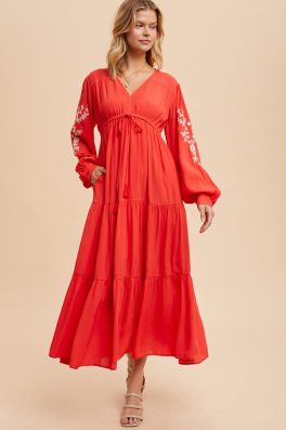 Coral Embroidered Maxi Dress
