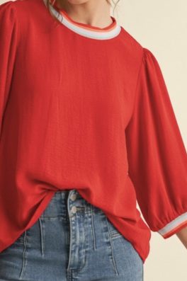 Red Stripe Ribbing 3/4 Sleeve Top