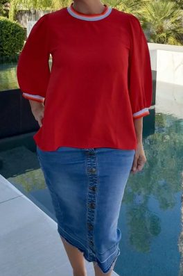 Red Stripe Ribbing 3/4 Sleeve Top