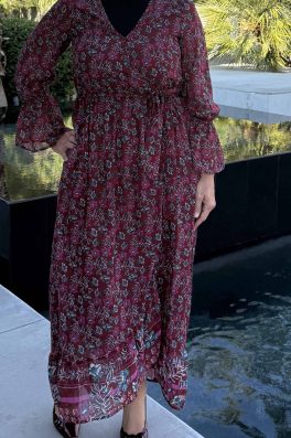 Burgundy Faux Wrap Floral Dress