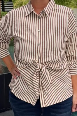 Brown Stripe Front Tie Top