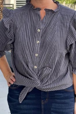 Ruffle Cotton Gauze 3/4 Sleeve Top