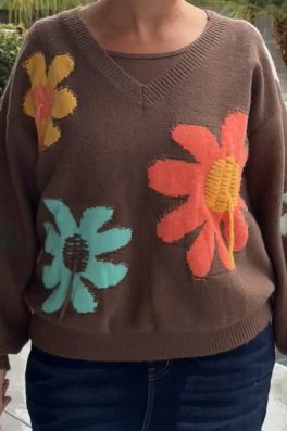 Brown Floral Embroidered Sweater