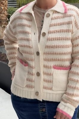 Oatmeal Pink Collared Textured Cardigan