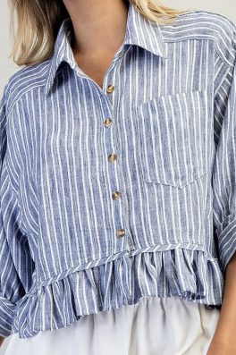 Blue Stripe Ruffle Hem Top