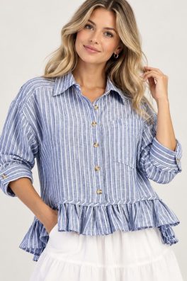 Blue Stripe Ruffle Hem Top