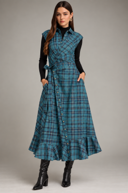 Blue Plaid Wrap Midi Dress