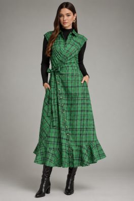 Green Plaid Wrap Midi Dress