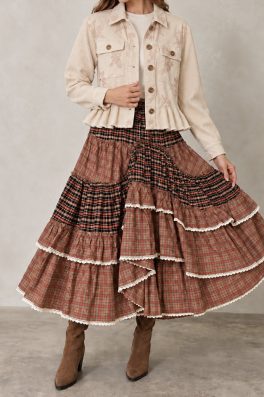 Boho Tiered Plaid Maxi Skirt Rust