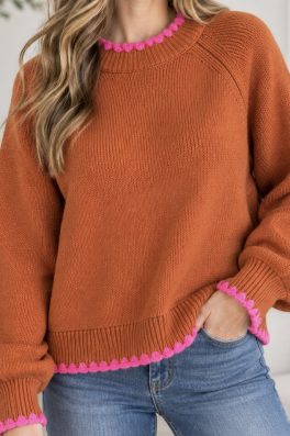 Rust Pink Contrast Trim Knit Sweater