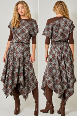 Brown Plaid Asymmetrical Skirt Set