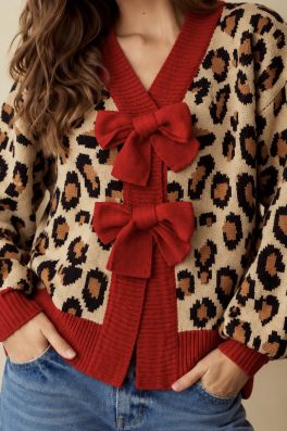 Red Bow Leopard Sweater Cardigan