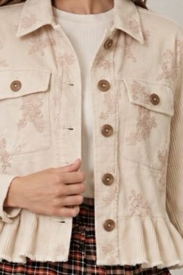 Embroidered Corduroy Peplum Jacket