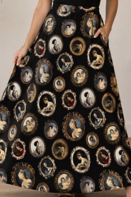 Vintage Portrait Print Midi Skirt