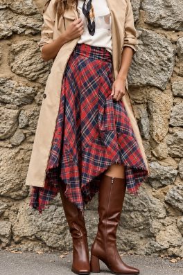Red Plaid Asymmetric Fringe Midi/Maxi Skirt