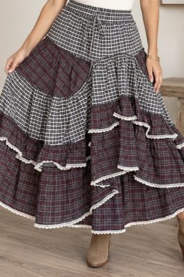 Boho Tiered Plaid Maxi Skirt – Cream & Burgundy