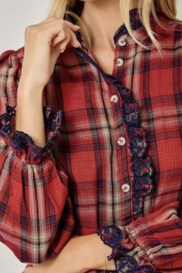Red Plaid Lace-Trim Button Up Blouse