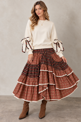 Cream Sweater with Plaid-Trim Bow Sleeves