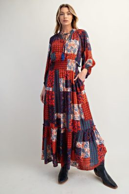 Blue Bohemian Patchwork Print Gauze Maxi Dress Fall